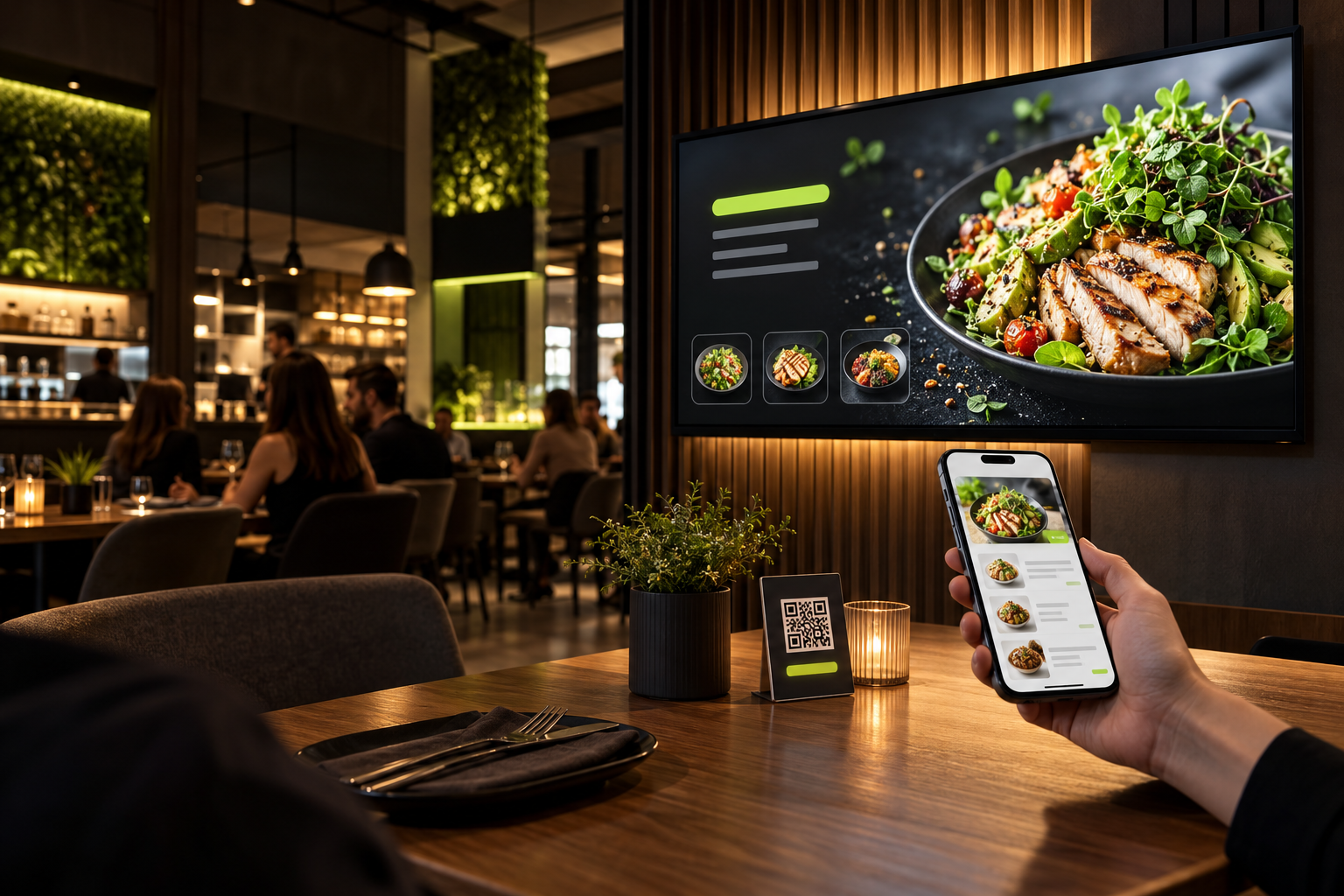 Цифровой экран и QR-меню LiveMenu в современном ресторане